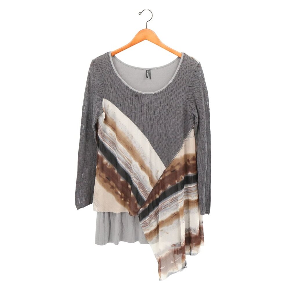 Stella Carakasi Asymmetrical Hem Mixed Media Tunic Top Gray M
